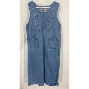 HSZ studio vintage 100% cotton floral embroidered denim midi dress w/pockets XL